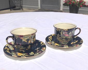 Pair Royal Winton Grimwades Black Pekin ChintzDemitasse Teacup and Saucer