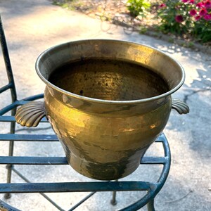 May include: A polished brass planter with a wide, circular opening and a hammered texture on the exterior surface. The vessel features two decorative handles shaped like seashells, one on each side, providing a distinct visual accent to the metallic body.