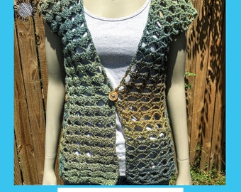 May include: A crochet vest with a button closure, featuring a green, blue, and brown ombre color pattern. The vest has a loose fit and a slightly cropped length.