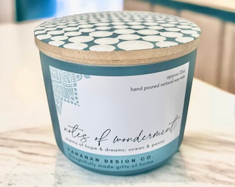 Notes of Wonderment - hand poured OCEAN & PEONY scented soy wax candle with lid