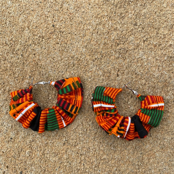 Scrunchy Orange Kente Fabric Hoop Earrings