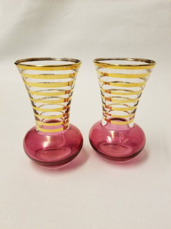 Vintage Pink Rose Gold Stripe Bud Vases Pair Set 1950s Etsy