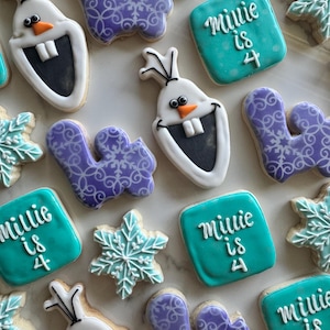 12 snowman sugar cookies/ personalized frozen treats/ birthday favors/ decorated cookies