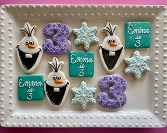 12 snowman sugar cookies/ personalized frozen treats/ birthday favors/ decorated cookies