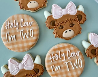 12 Highland Cow Birthday Cookies, Personalized Two-Year-Old Celebration Favors