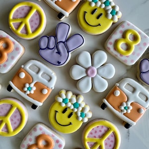 12 groovy cookies, groovy birthday, birthday party favors, peace and love, daisy cookies, two groovy cookies, Coachella cookies