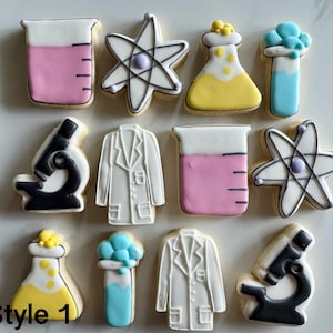 12 Science sugar cookies, science week cookies, lab cookie, science birthday party, science week, lab coat, microscope cookies