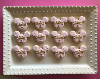 12 personalized pink mouse sugar cookies/ Minnie birthday/ mouse ears cookies
