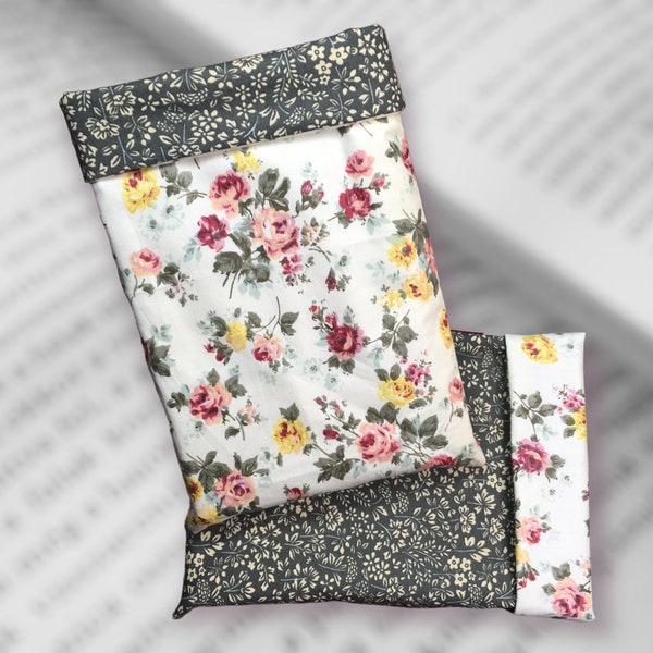 Pochette à livre, étui de protection en tissu, doublé réversible avec revers, imprimé fleuri de style Liberty, rose, jaune, ivoire, vert