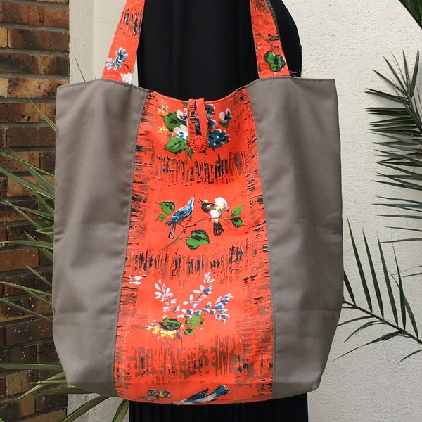 Sac cabas XL doublé réversible pour femme en tissu vintage 1950s imprimé de fleurs et oiseaux sur fond orange