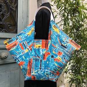 Sac origami doublé pour femme, forme pliage style japonais, tissu vintage 1950 1960 abstrait graphique, fines rayures, jaune orange bleu