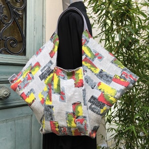 Sac origami doublé pour femme, forme pliage style japonais, tissu vintage 1950s 1960s abstrait graphique, doublure fleurs stylisées en gris