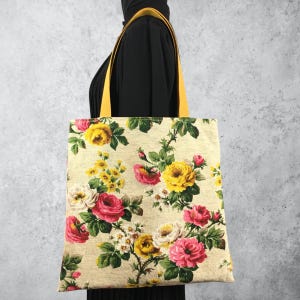 Einkaufstasche mit Blumenmuster, Vintage-Wolle und Leinen-Canvas, Strandtasche aus Stoff, Einkaufstasche, rechteckige Form, wendbares Futter, für Damen.