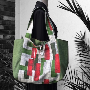 XXL wendbare gefütterte Tragetasche für Damen, Vintage 1950er 1960er Jahre Canvas, strukturierte Baumwolle, abstraktes Grafikdesign grün rot weiß grau schwarz