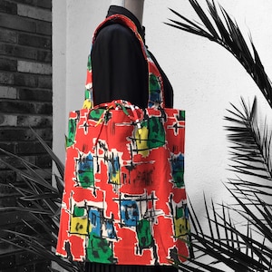 Reversible, gefütterte Einkaufstasche für Damen aus Vintage-Stoff der 1950er und 1960er Jahre, strukturierte Baumwolle mit abstraktem Design in Grün, Gelb, Blau, Weiß, Schwarz, Rot