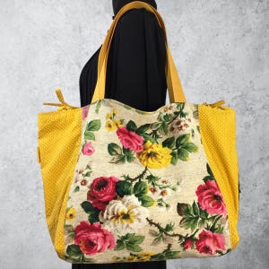 Große Tragetasche mit Blumenmuster aus Vintage-Wolle- und Leinenmischgewebe, extragroße Strandtasche oder Einkaufstasche, wendbares Futter, für Damen.