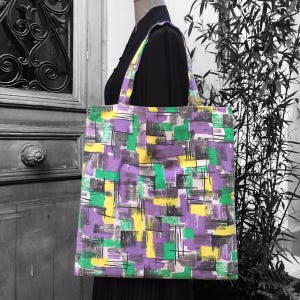 Wende-gefütterte XXL-Einkaufstasche für Damen aus Vintage-Canvas der 1950er und 1960er Jahre, abstraktes Grafikdesign in Lavendel, Gelb, Grün, Grau und Schwarz