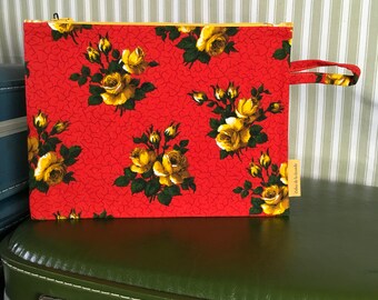 Large flat pencil case, zipped pocket, lined, in upcycled vintage upholstery canvas.