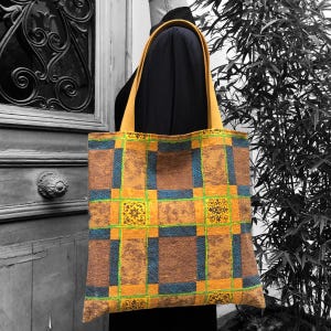 Reversible, gefütterte Einkaufstasche für Damen und Herren aus Vintage-Stoff mit geometrischem Grafikdruck der 1950er und 1960er Jahre, Ockergelb und Braun