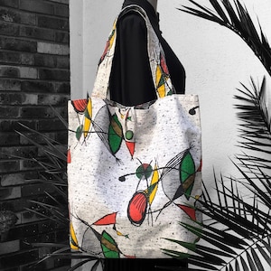 XXL Wende-Tragetasche mit Futter für Damen, Vintage 1950er 1960er Jahre strukturierter Baumwoll-Canvas, abstraktes Muster in Rot Gelb Grün Schwarz Weiß Hintergrund