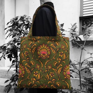 Wendbare, gefütterte Tragetasche für Damen und Herren aus Vintage-Leinwand im barocken orientalischen Stil der 1960er Jahre