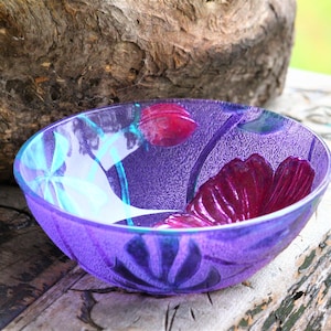 Purple Painted Glass Bowl - Rustic Home Decor – Vintage - Second Hand - Handpainted - Embossed Floral Glass - Decorative Homeware