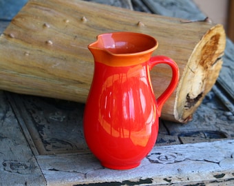 Stoneware Bright Red Jug - Rustic Home Decor – Vintage - Second Hand - Red And Orange Glazed - Kitchenware
