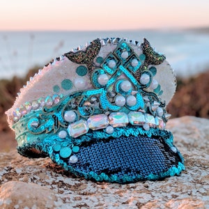 Mermaid Festival Captains Hat with LEDs, blue sequin, white sequin, nautical themed hat, Burning Man style, Oceania hat