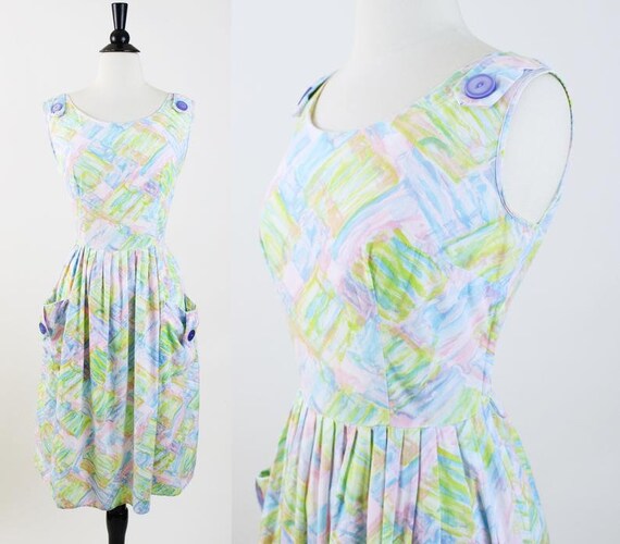 Vintage 1950s Watercolor Print Day Dress