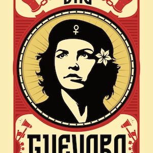 以下が含まれることがあります： ベレー帽と花をつけた女性の肖像画が描かれたポスター。テキストは「SHE GUEVARA」と「NOTRE JOUR VIENDRA」。赤い拳、鎖、女性のシンボルがデザインに含まれています。