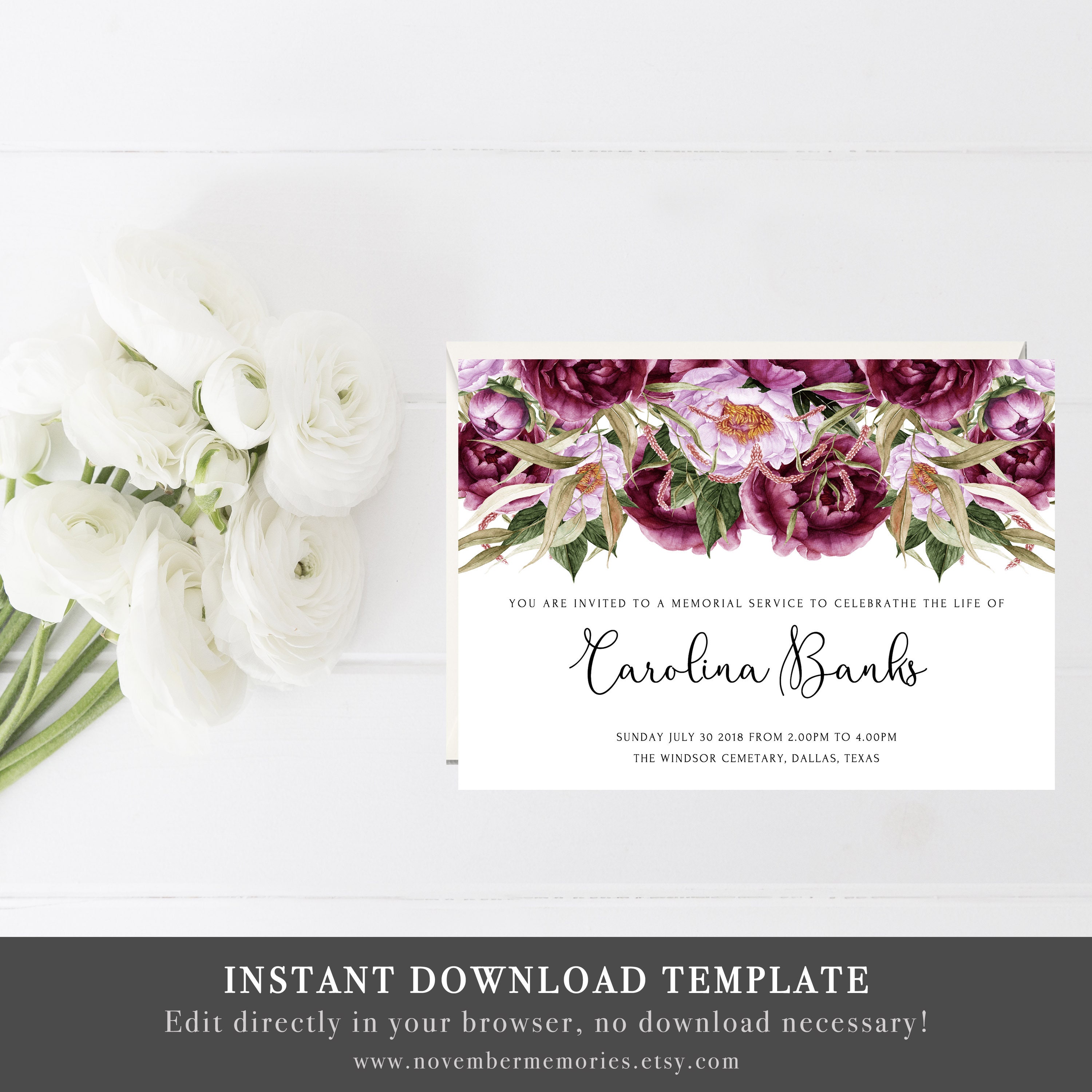 Celebration Of Life Invitations Template Funeral Announcement Etsy