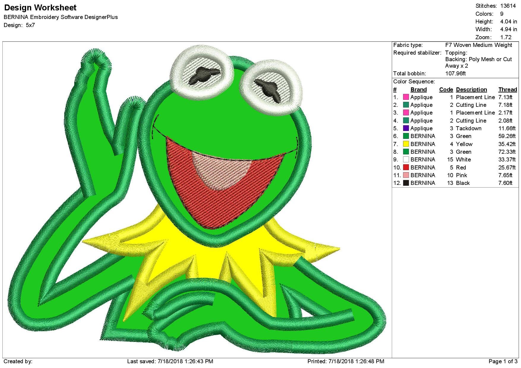Kermit the Frog Puppet Applique Design 3 Sizes - Instant