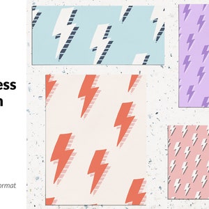 Puede incluir: Cuatro diseños de patrones sin costuras con un motivo de rayo. Los patrones son en tonos de azul, rosa, morado y naranja.