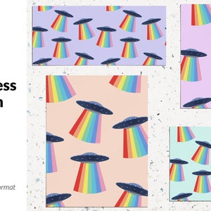 May include: A pack of three seamless patterns featuring a UFO with a rainbow beam of light. The patterns are on a light purple, light pink, and light blue background.