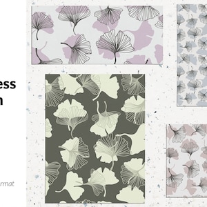 May include: A set of four seamless patterns featuring ginkgo leaves in various colours, including pink, green, and grey. The patterns are perfect for creating backgrounds, wrapping paper, or fabric designs.