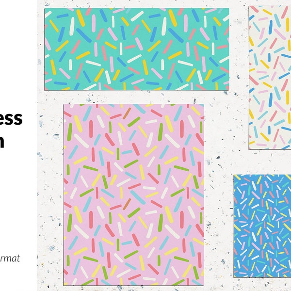 Hand drawn sprinkles digital paper, vector flash backgrounds, pink donut glaze, colorful decorative seamless patterns