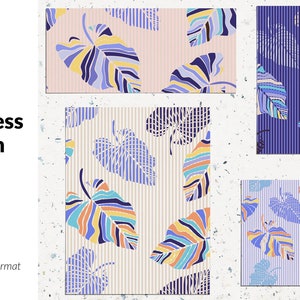 May include: A pack of four seamless patterns featuring colourful, abstract leaf designs on a striped background. The patterns are in shades of blue, yellow, orange, and pink.