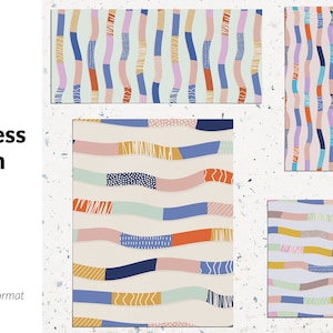May include: A set of four seamless patterns featuring wavy lines in various colours, including pink, blue, green, orange, and yellow. The patterns are filled with small geometric shapes and textures.