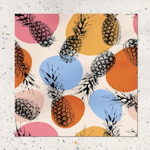 May include: A seamless pattern featuring black and white pineapple illustrations on a white background with colorful circles. The circles are in shades of pink, orange, yellow, and blue.