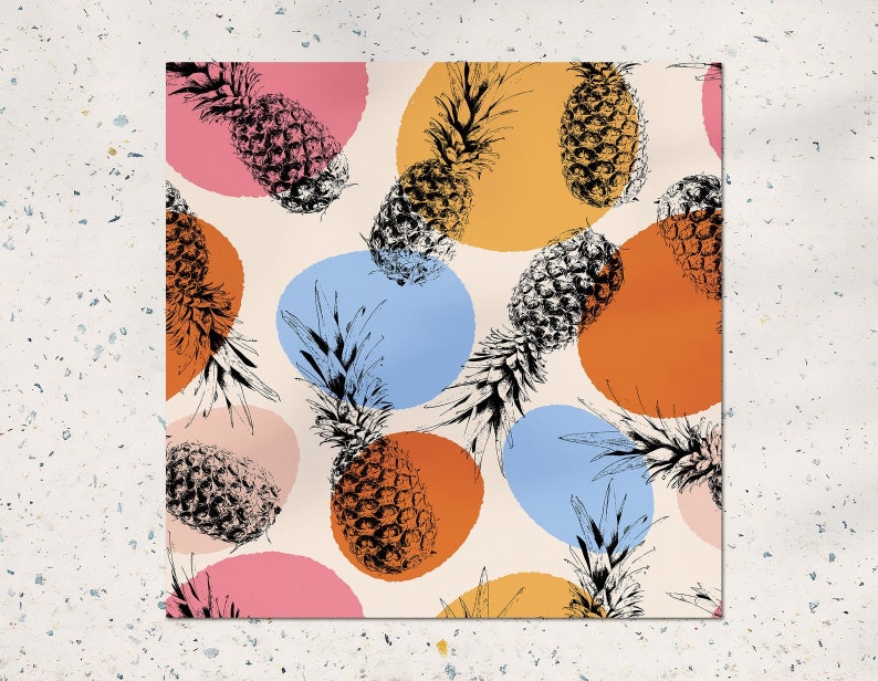 May include: A seamless pattern featuring black and white pineapple illustrations on a white background with colorful circles. The circles are in shades of pink, orange, yellow, and blue.