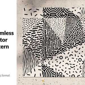 May include: A black and white seamless vector pattern with geometric shapes and abstract designs. The pattern is made up of different shapes and lines, creating a modern and stylish look.