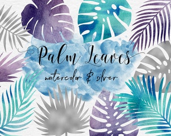 Silver and Watercolor tropical leaves clipart, silver & watercolor leaf, watercolor clipart, palm leaves, 11 png leaf graphics