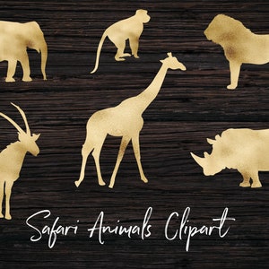 Safari dieren clipart, goud wilde dieren, silhouetten clipart, leeuw, gazelle, giraffe, aap, neushoorn, olifant, svg gesneden vijl
