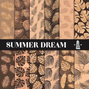 Palm digital paper, summer papers, palm leaves backgrounds, exotic, copper, brown shades, for scrapbooking, invites & planners