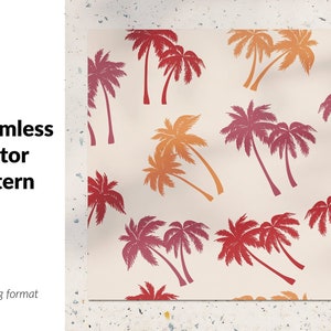 Op de afbeelding: Een naadloos vectorpatroon met silhouetten van palmbomen in tinten rood, oranje en geel op een crèmekleurige achtergrond.