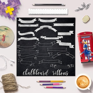Ribbons clip art, chalkboard ribbons clipart, chalkboard banners clip art, doodled ribbons, 20 png images