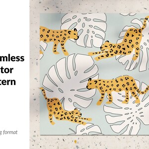 Tropical leopard animal and monstera palm leaves, exotic digital paper, spotted cheetah skin background, hand drawn leopard print