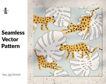 Leopardo tropicale animale e monstera foglie di palma, carta digitale esotica, sfondo di pelle di ghepardo maculato, stampa leopardata disegnata a mano