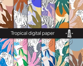 Tropical Digital Paper Pack | Tiger Jungle Seamless Backgrounds | Palm Leaves Scrapbook Paper | Abstract Safari Patterns | 12 JPG 12x12