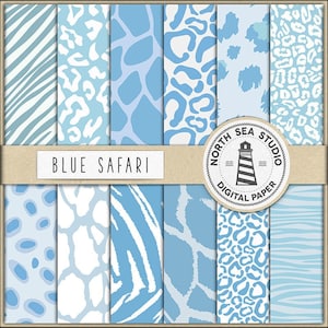 Papel digital safari para bebê, estampa animal azul, fundos safari azuis, zerba, girafa, tigre, chita